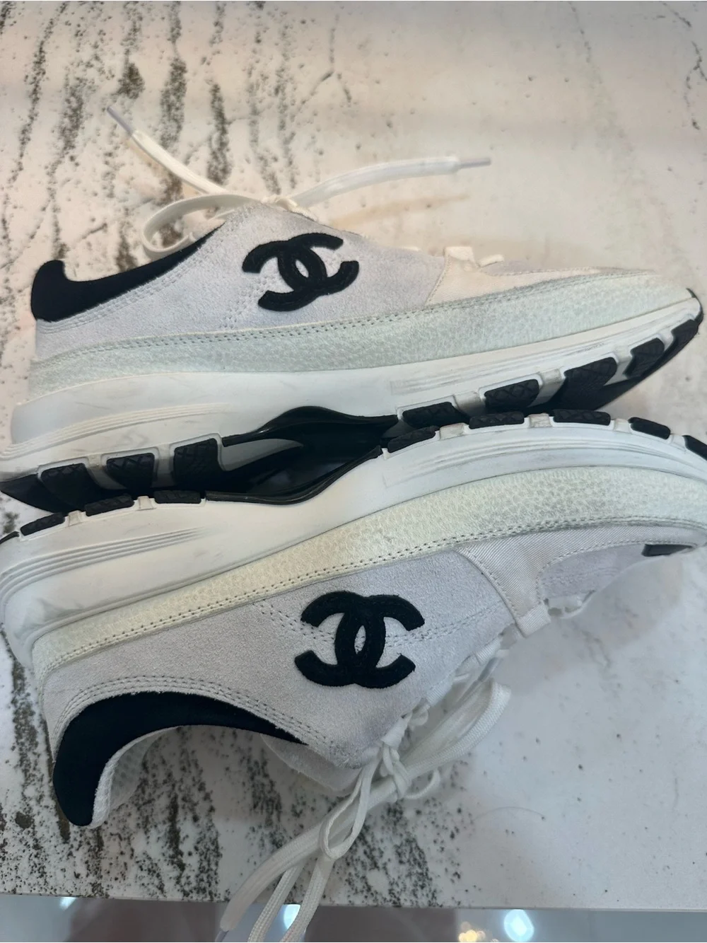 CHANEL White and Black Lace-Up Suede & Sneakers Size 39